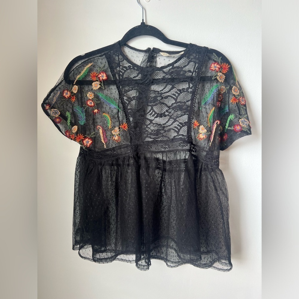Zara Basic Collection Embroidered Floral Blouse Black Sheer XS - Picture 9 of 13